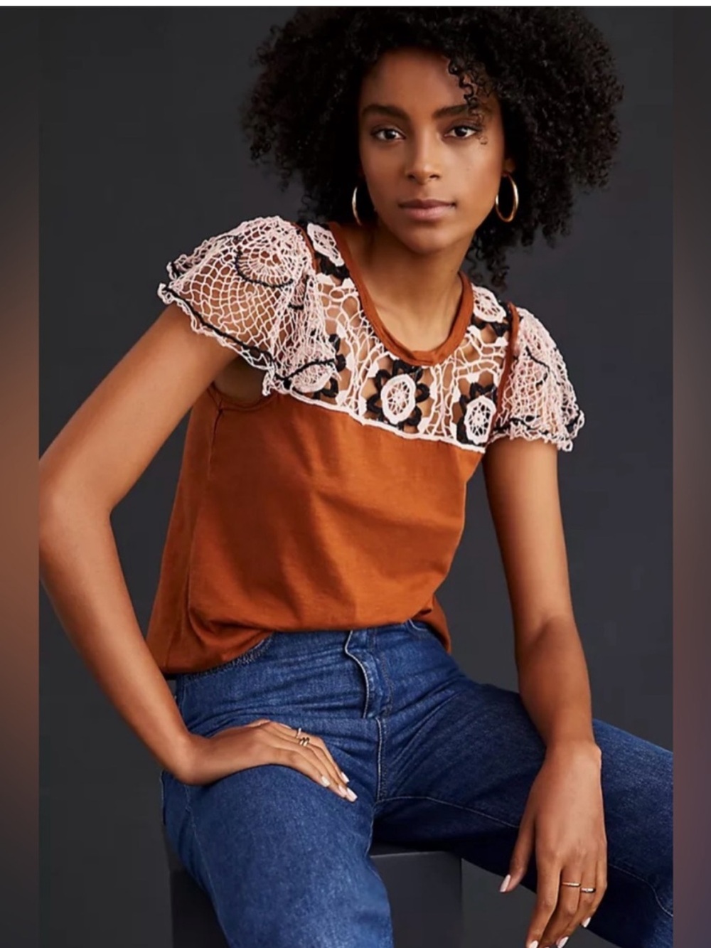 Anthropologie Rust Brown Crochet Embroidered Blouse